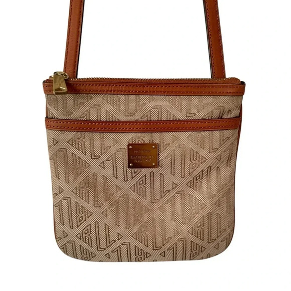 Ralph Lauren Handbags - RALPH LAUREN Light Khaki/Tan Signature Canvas Swing Pack Crossbody Leather Trim